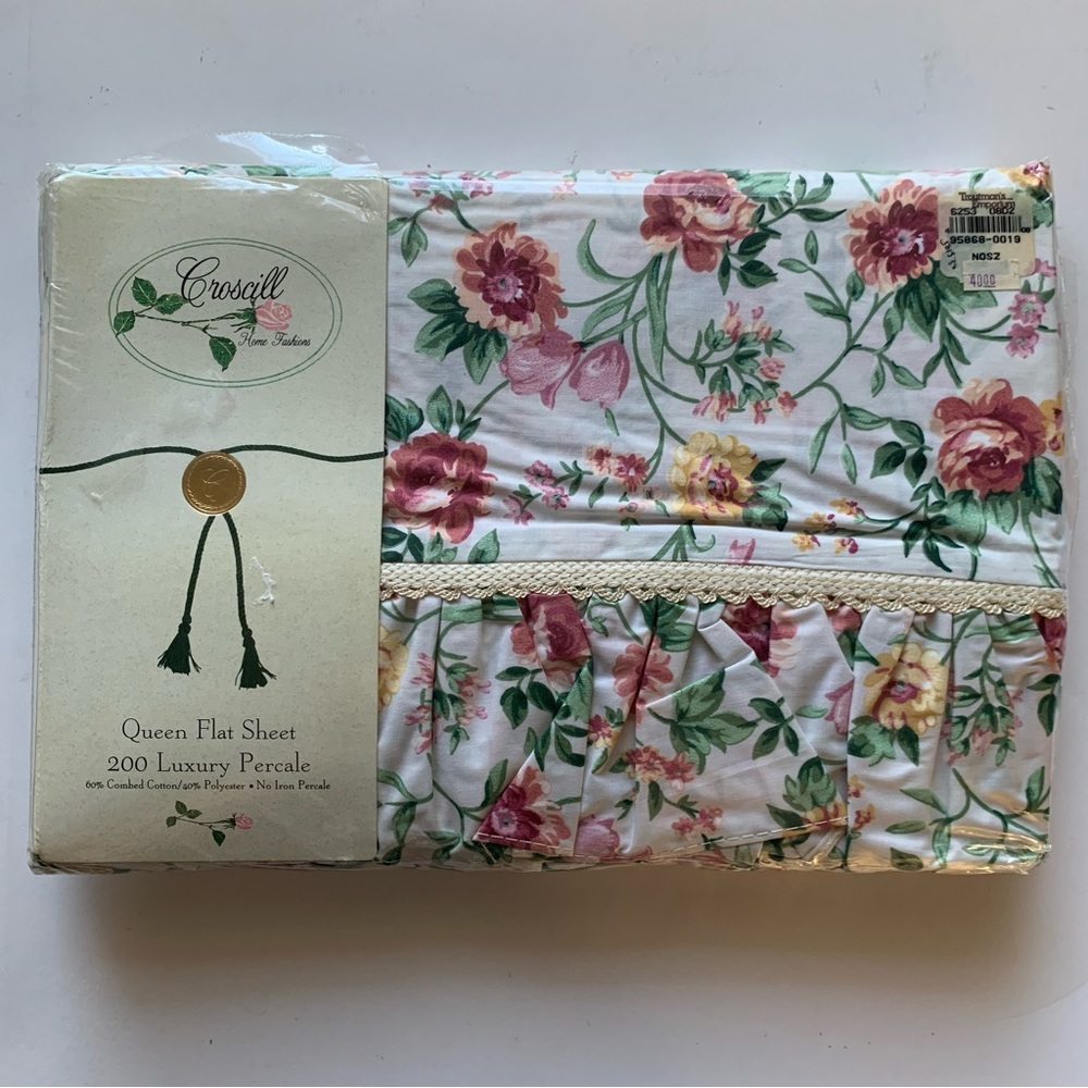 Vintage Croscill Percale Coquette Queen Flat Sheet Floral Roses Ruffle NIP
